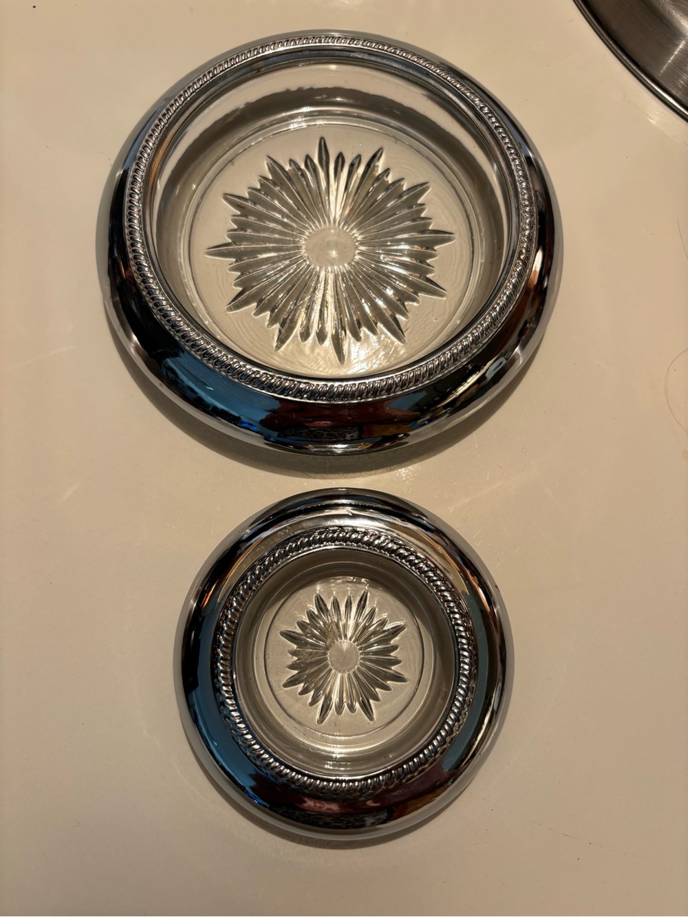 vintage mid-century crystal glass silver ashtray and coaster set of 2 pieces